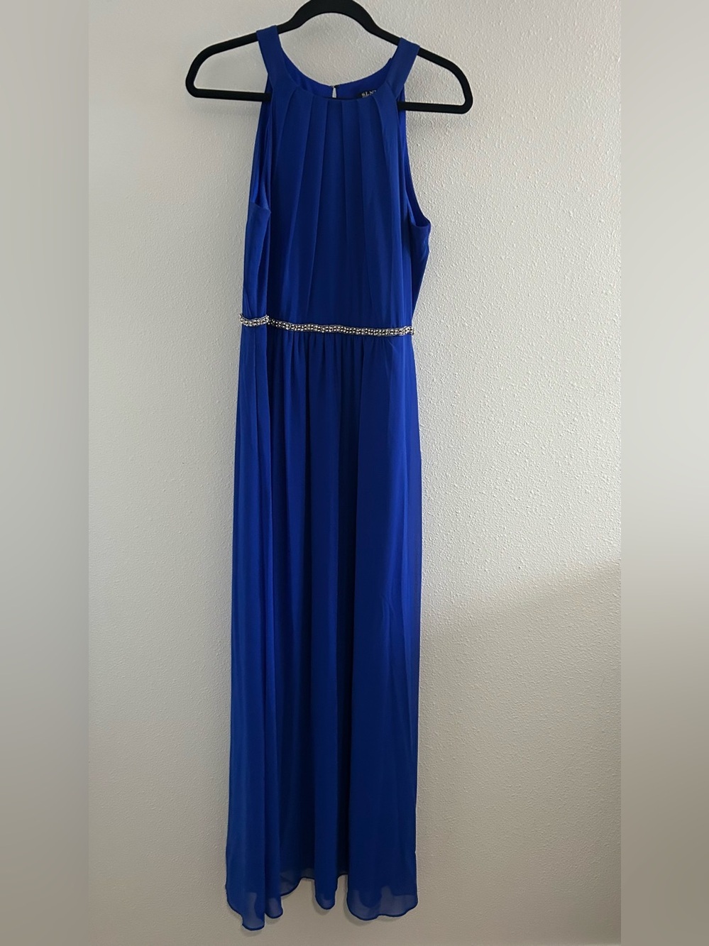 SLNY Cobalt Blue Halter Maxi Dress with Beaded Waist